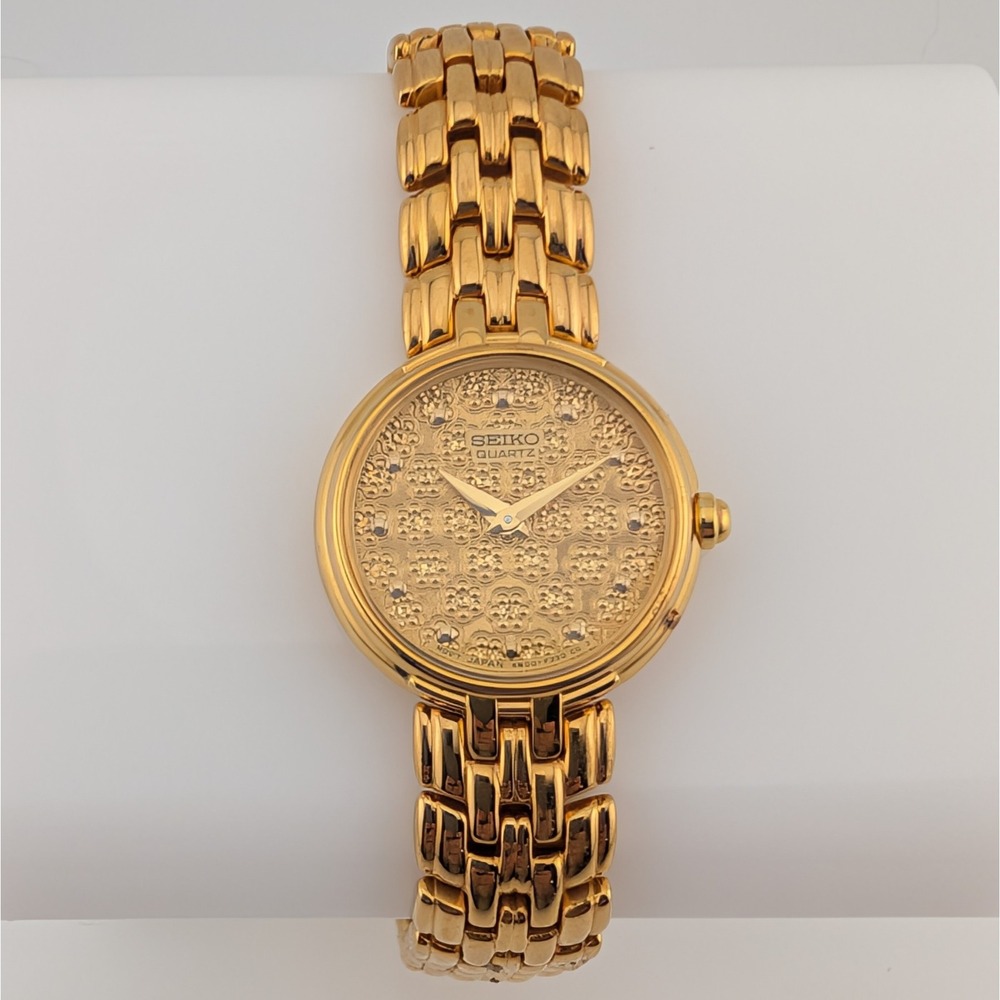 Seiko 4N00-F210 Gold Tone Unique Textured Floral Dial Quartz Dress Watch